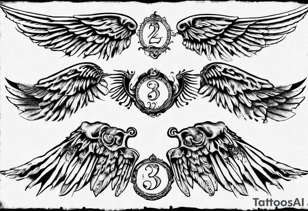 Wings with the dates 09/12/2012 and 24/10/2023 in between the wings tattoo idea