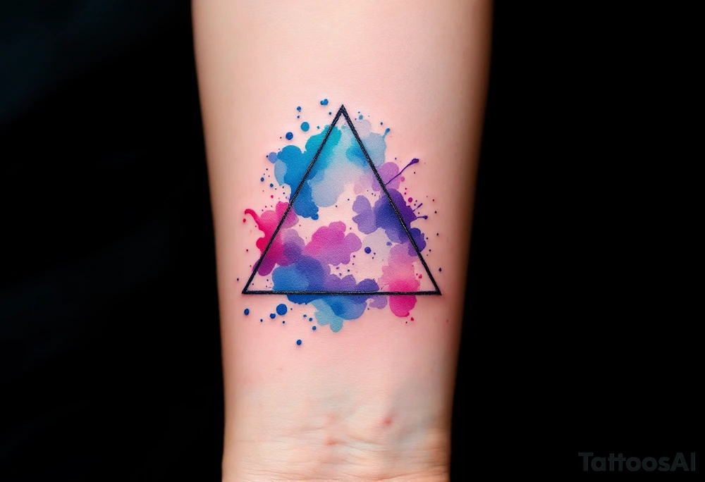 A watercolor triangle filled with splashes of blue, pink, and purple, representing creativity and fluidity. tattoo idea