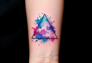A watercolor triangle filled with splashes of blue, pink, and purple, representing creativity and fluidity. tattoo idea