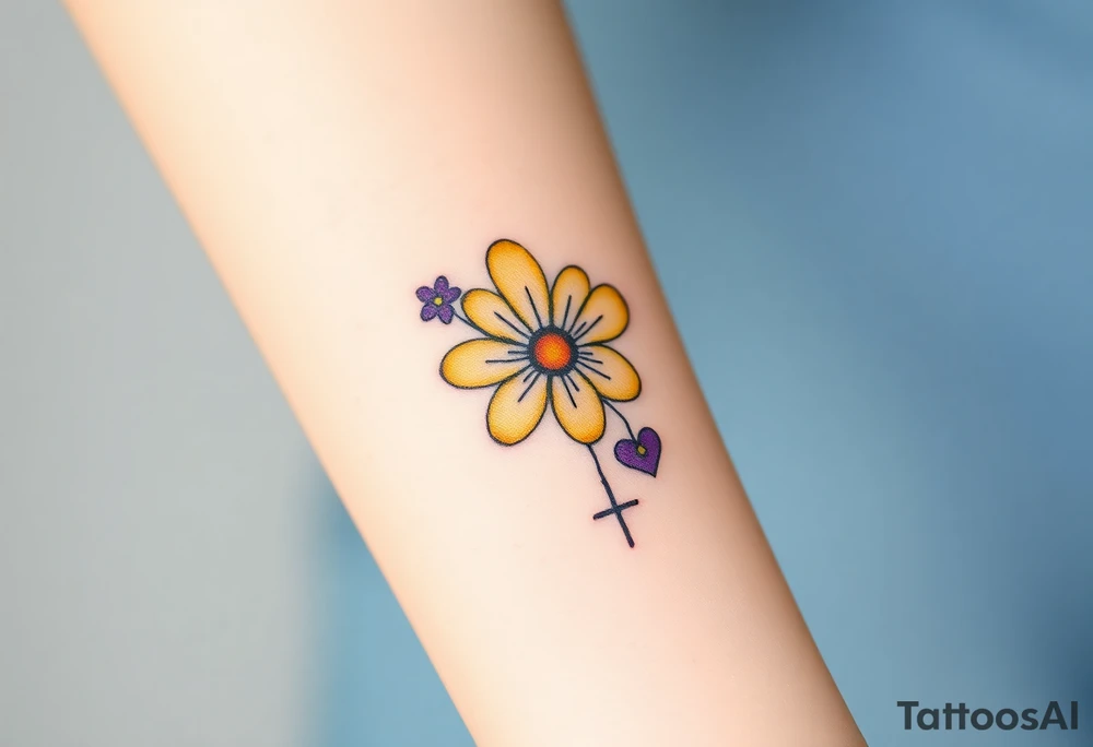 Simple yellow daisy with Purple Hearts & cross tattoo idea