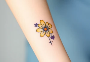 Simple yellow daisy with Purple Hearts & cross tattoo idea