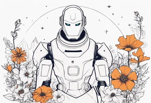 Ghost dressed like a robot, surrounded by flowers, tattoo idea
