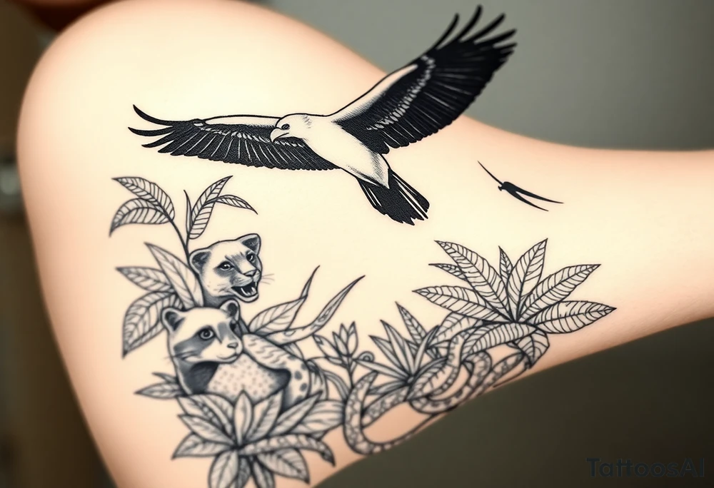 Fine line tattoo: silhouette of an Andean condor flying above Amazon rainforest, amongst the tropical foliage is a puma hiding with only its face exposed, towards the floor of the rainforest is a snake, also mostly hidden behind plants but its head and parts of its body are exposed. tattoo idea