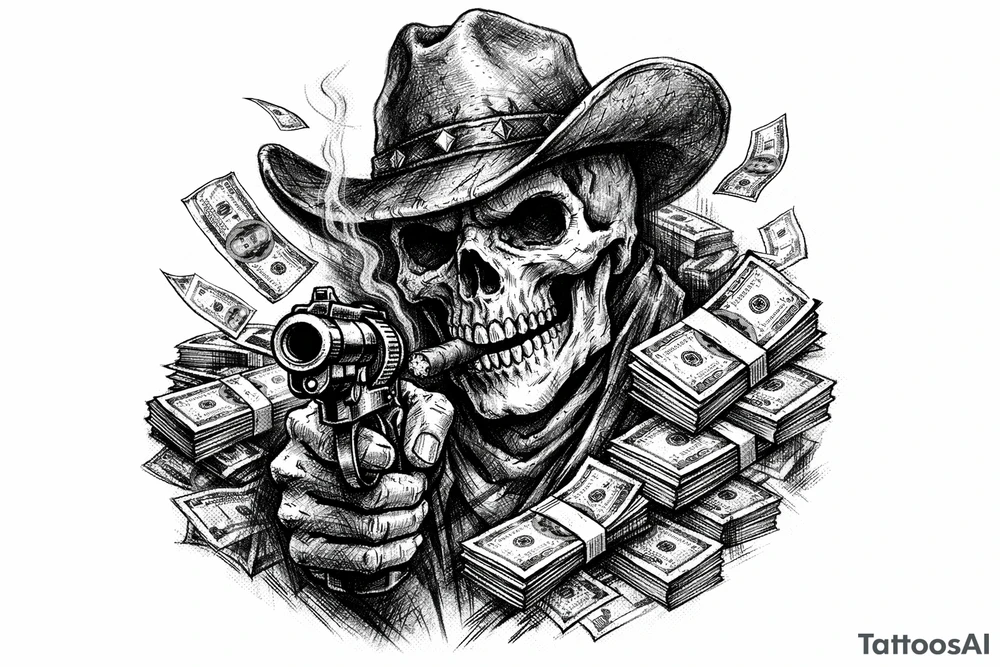 skull with cowboy-hat,cigar in his mouth and a gun in a hand surounded by money. tattoo idea