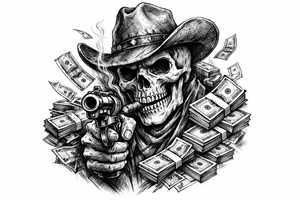 skull with cowboy-hat,cigar in his mouth and a gun in a hand surounded by money. tattoo idea