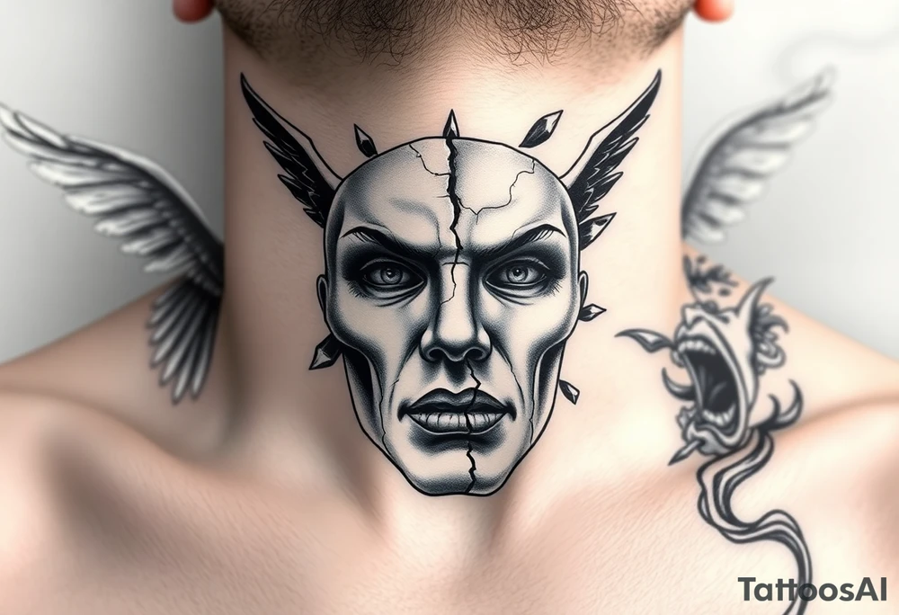 Realistic black and grey neck tattoo design. In the center of the throat, a human mask made of cracked stone or porcelain with natural facial features. The mask is breaking apart from the pressure of both sides — a screaming angel on the left and a screaming demon on the right. From the cracks on the angel’s side, soft white and blue light emerges; from the demon’s side, dark smoke and shadow flow out. The mask’s fragments slightly detach, revealing inner light and darkness mixing at the center. Highly detailed realism with strong contrast, fine shading, emotional and symbolic atmosphere, representing the true self shattered by the inner battle between good and evil. tattoo idea