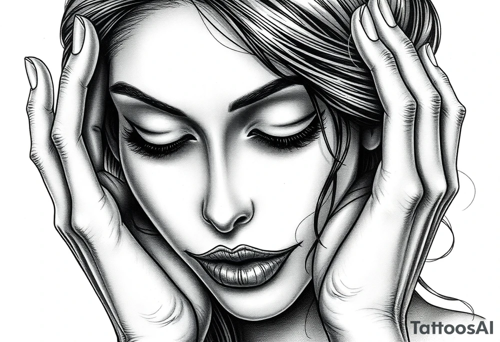 Black and grey realism tattoo design of a beautiful woman's face. Both her eyes  closed  (see no evil), her lips are stiched shit like sown with needle and thread like nightmare befire christmas (speak no evil). With her right hand covering her right ear and the left covering  Her left ear The style is black and grey realism, hyper-realistic, dark, and evil. Incorporate ninja gear elements and mechanical details (gears) subtly into the background or clothing for a gear ninja evil look. Design for a full forearm sleeve placement tattoo idea