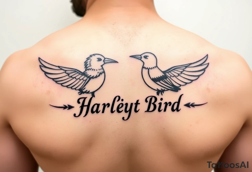 Zodiac Sagittarius signs of both individuals as a couple names being Harley and Guy bird combined lettering meaning Harley bird tattoo idea