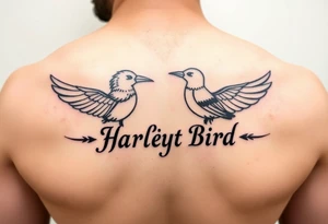 Zodiac Sagittarius signs of both individuals as a couple names being Harley and Guy bird combined lettering meaning Harley bird tattoo idea