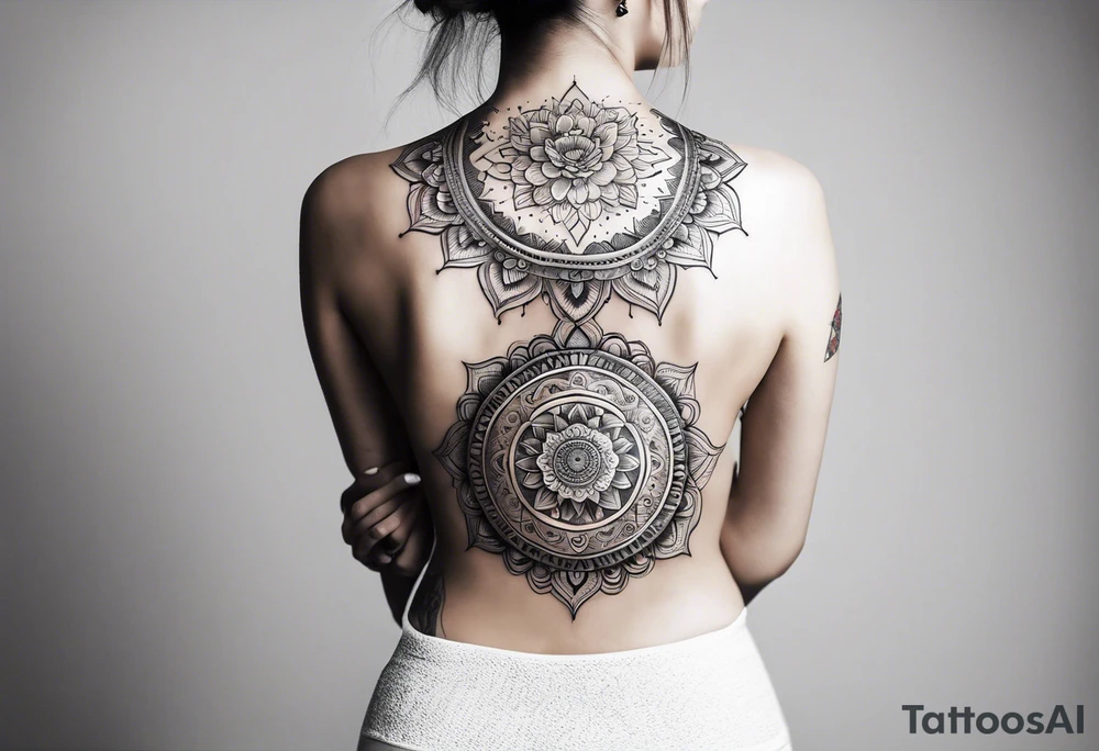 Ornamental Mandala Tattoo on Woman’s Spine fine line, flower, moon, balance, eternity, perfection, love, patience, rising out of suffering tattoo idea