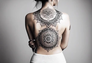 Ornamental Mandala Tattoo on Woman’s Spine fine line, flower, moon, balance, eternity, perfection, love, patience, rising out of suffering tattoo idea
