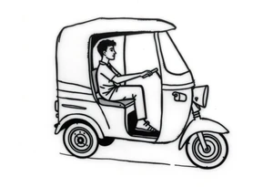 Create a simple tuk tuk. Add a boy in the vehicle. Add a heart to indicate that the boy is in love. tattoo idea