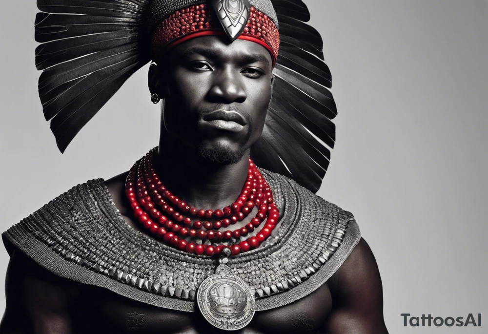 Black-skinned bald african warrior. He is a god of the war. Wears a simple red necklace and a silver crown tattoo idea