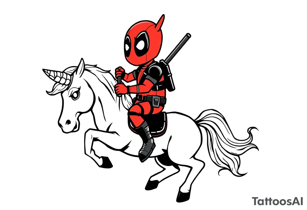 Deadpool riding cartoon unicorn tattoo idea