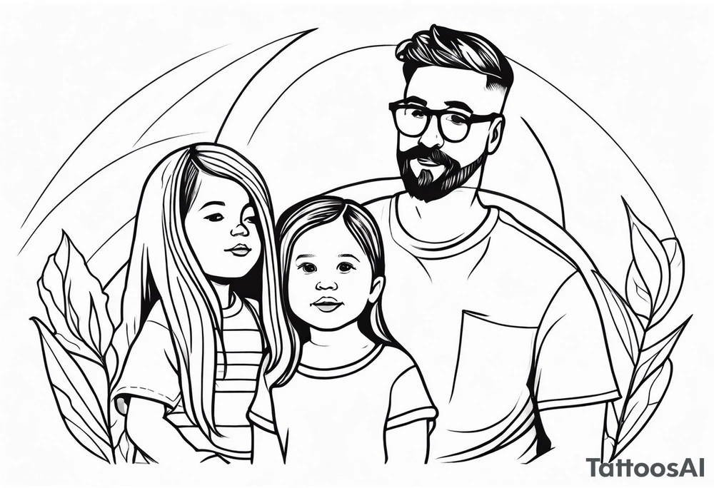 Black and white Line work tattoo with a dad and his two toddler daughter. tattoo idea