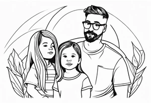 Black and white Line work tattoo with a dad and his two toddler daughter. tattoo idea