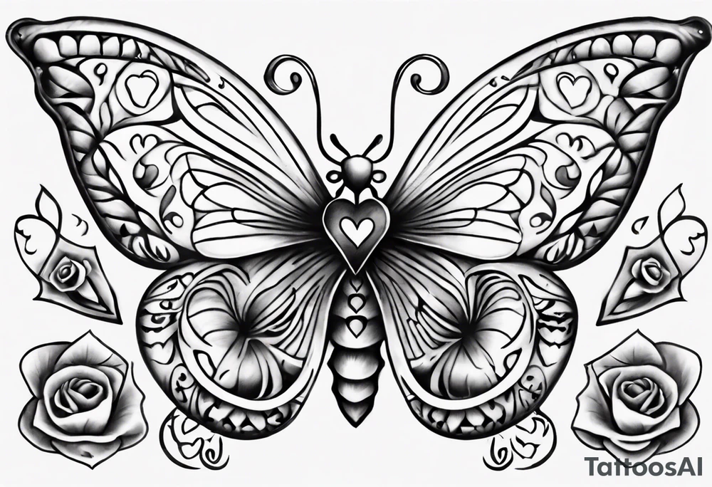 Butterfly with hearts, the name Layla Jones tattoo idea