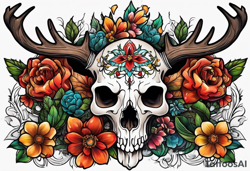 Reindeer skull and flower tattoo idea