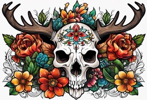 Reindeer skull and flower tattoo idea