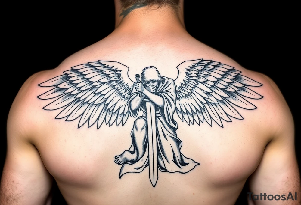 Angel with long sword cloaked kneeling looking down wings spread tattoo idea