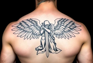 Angel with long sword cloaked kneeling looking down wings spread tattoo idea
