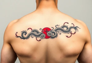 Chinese-Greek fusion tattoo band, black and red, wrap-around forearm, seamless pattern, line art tattoo idea