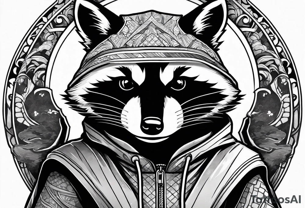Raccoon wearing an orange Superman hoodie tattoo idea