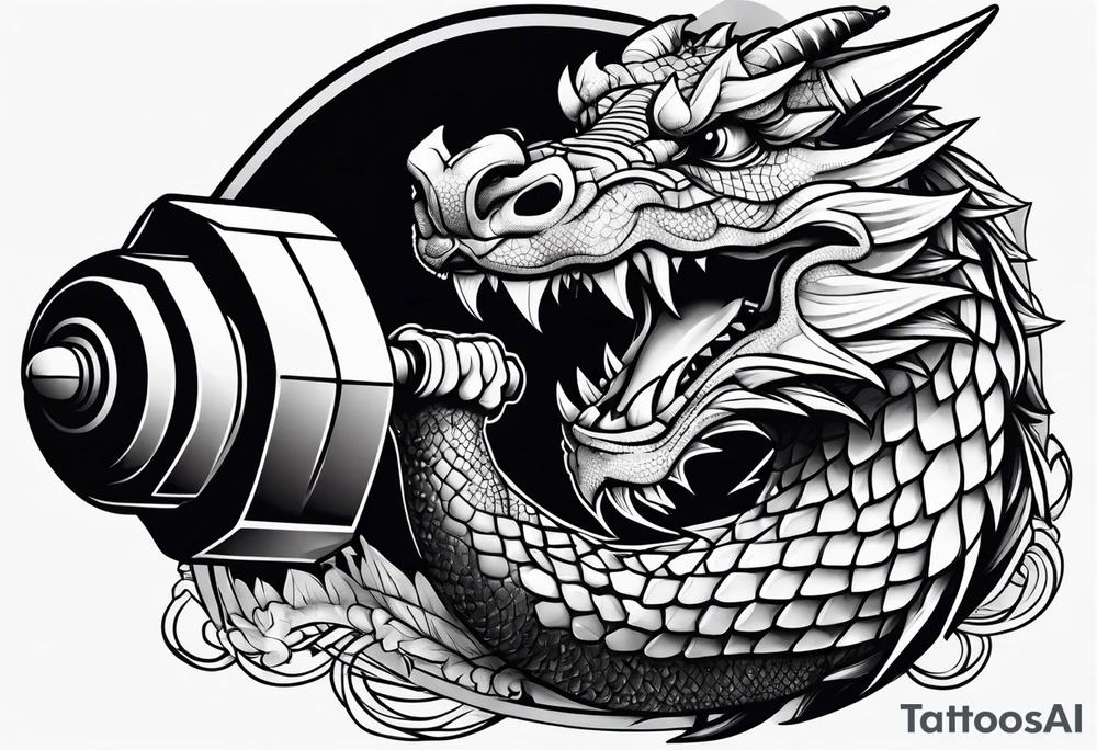Dragon biting a dumbbell tattoo idea