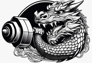 Dragon biting a dumbbell tattoo idea