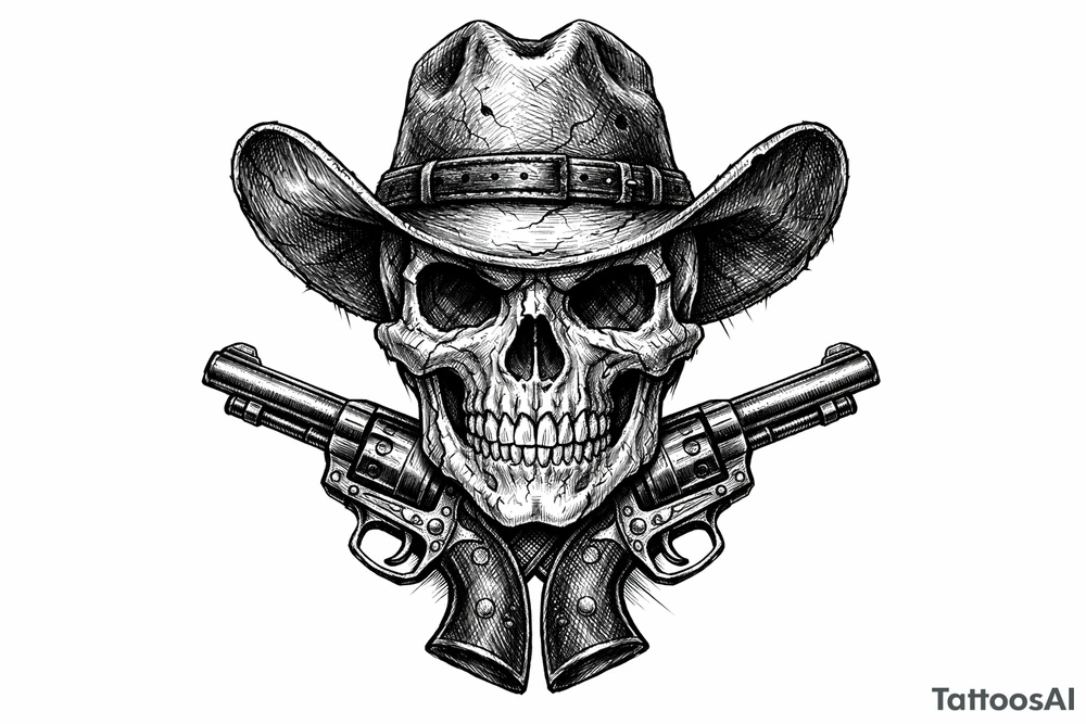 Engraved skull with a cowboy hat, pistols framing its jawline. tattoo idea