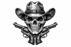 Engraved skull with a cowboy hat, pistols framing its jawline. tattoo idea
