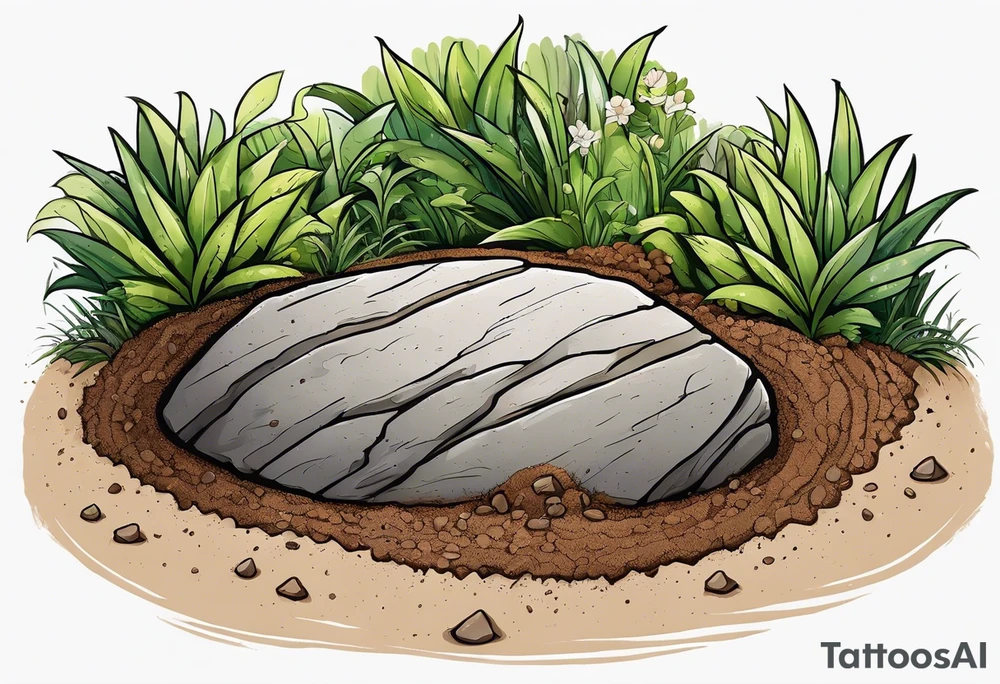 Create a tattoo of a flat topped rock Ebenezer with a base under the ground line that is pointed and deep, surrounded by freshly tilled and raked soil ready to be planted and under ground in front of the rock, a seed planted and pushing through the soil tattoo idea