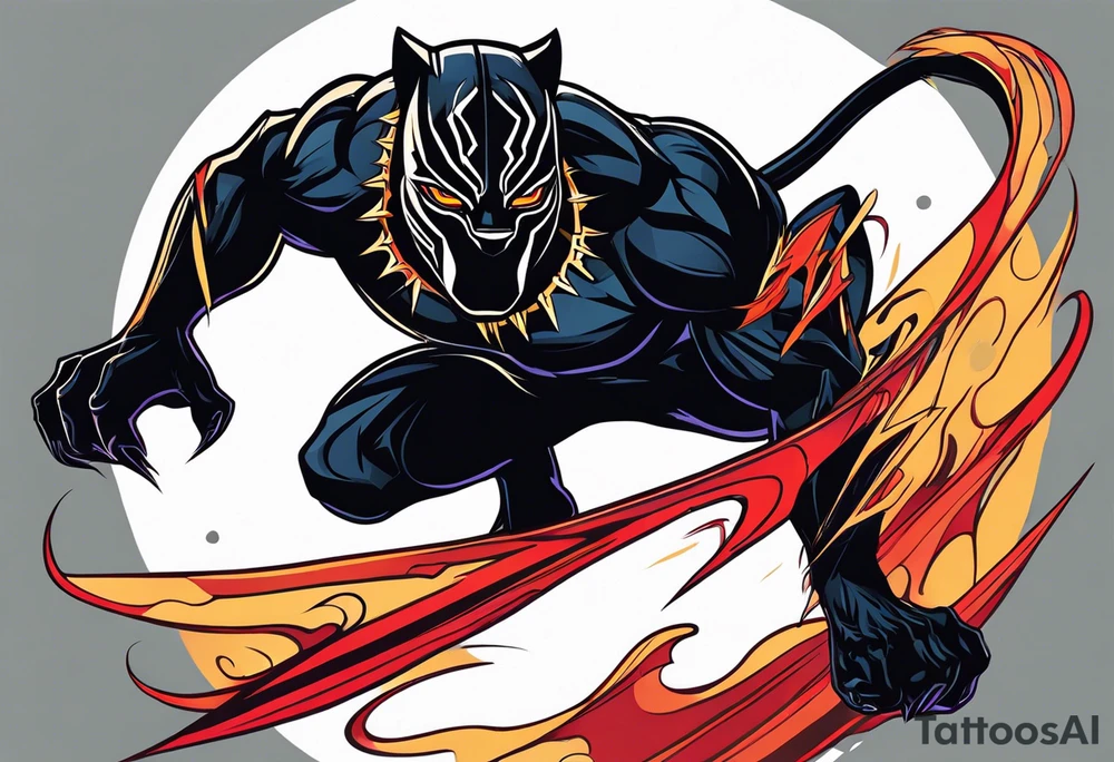 unique black panther tattoo, dynamic pose, showcasing its strength and grace, striking red eyes, intense and captivating elements, artistic flair, blending realism with abstract elements tattoo idea
