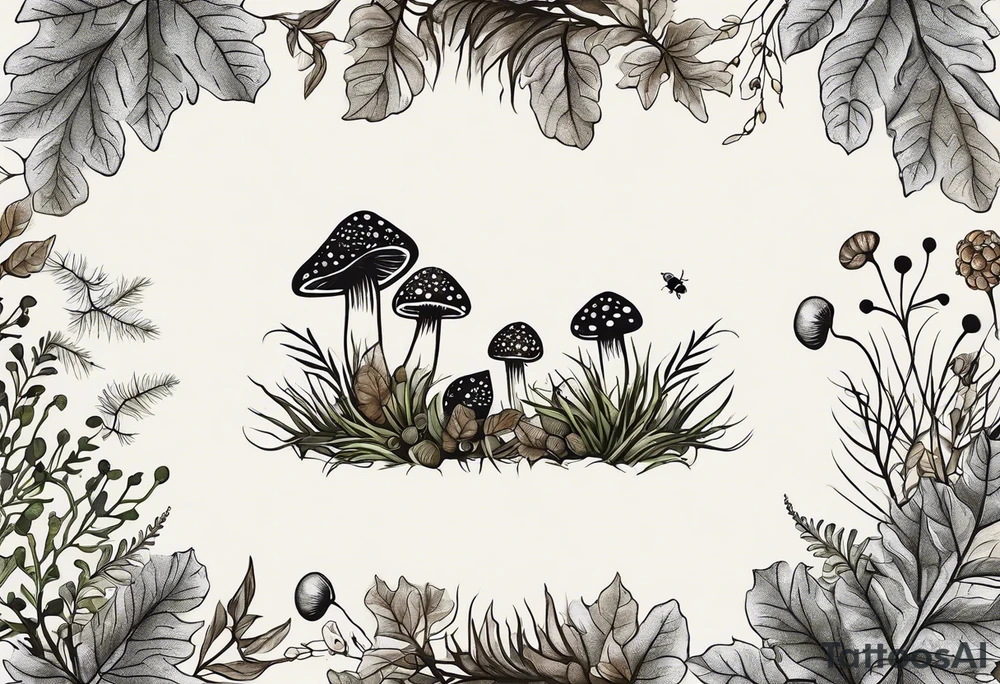 minimalistic forest floor inspired tattoo, which includes grass, moss, curly ferns and dead leaves as the bulk of the tattoo. details to include: forest berries, couple of very small brown mushrooms, a tiny bumblebee flying nearby tattoo idea