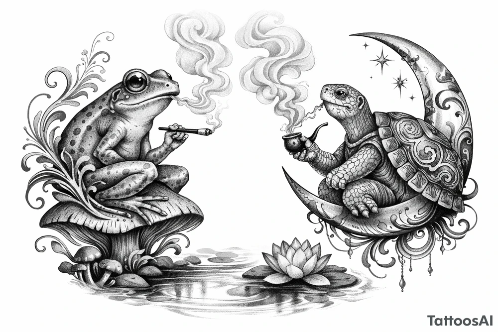 Surrealist gimme à frog and a turtle smoking something tattoo idea