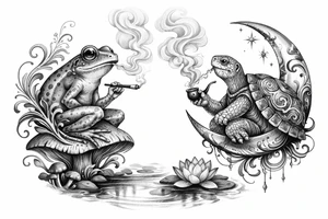 Surrealist  gimme à frog and a turtle smoking something tattoo idea