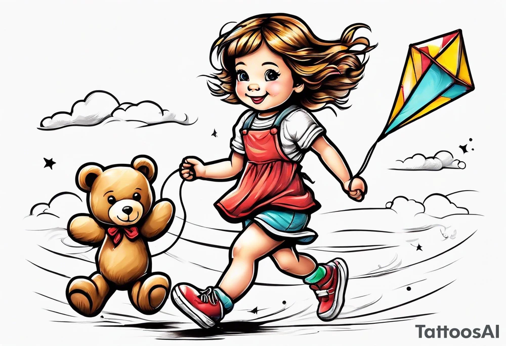 a little girl running away holding a kite with a roller skating teddy bear behind her tattoo idea
