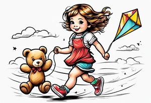 a little girl running away holding a kite with a roller skating teddy bear behind her tattoo idea