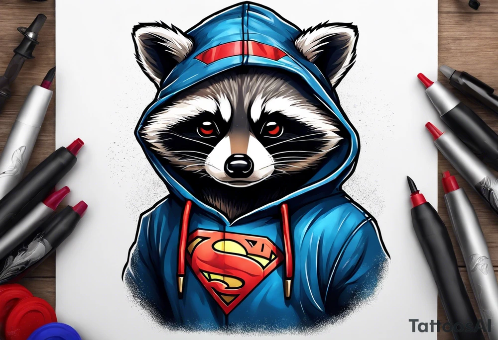 raccoon wearing a Superman hoodie tattoo idea