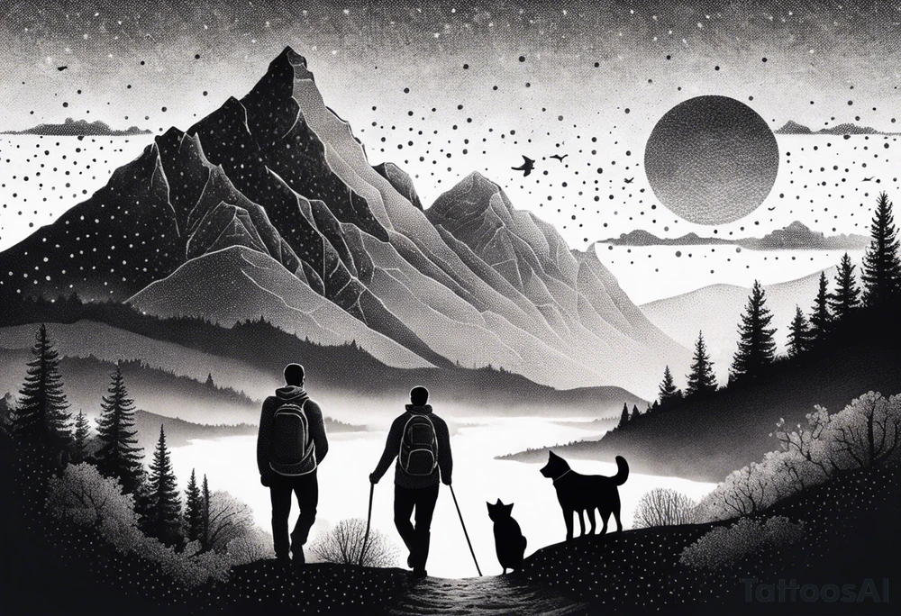 nature, sunset, mountains, a father and son hiking with their dog and cat and a cross tattoo idea