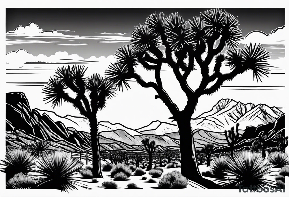 Joshua Tree with mountains and pine trees tattoo idea Joshua Tree with mountains and pine trees tattoo idea