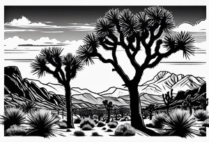 Joshua Tree with mountains and pine trees tattoo idea