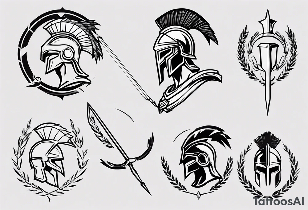 ultra-fine line linework vector of a spartan from the side, spartan spear, spartan shield, laurel wreath tattoo idea