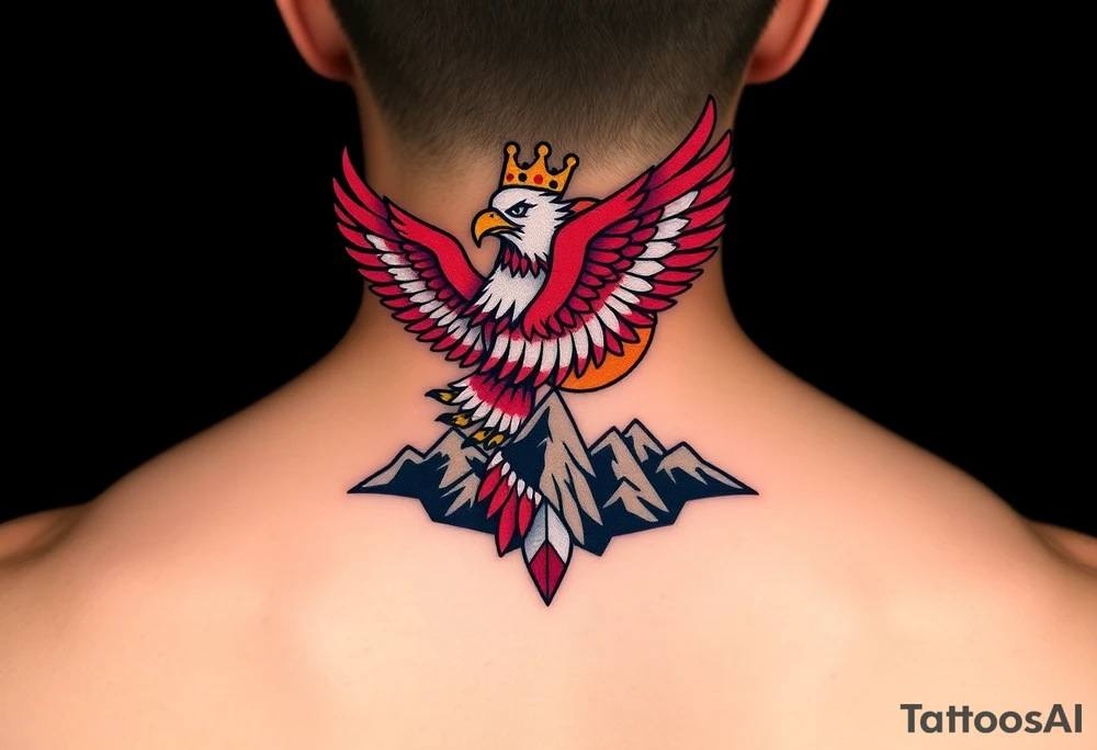 A red and white Moravian eagle with golden crown on its head  soaring above mountain peaks, with the sun rising behind it tattoo idea