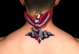 A red and white Moravian eagle with golden crown on its head  soaring above mountain peaks, with the sun rising behind it tattoo idea