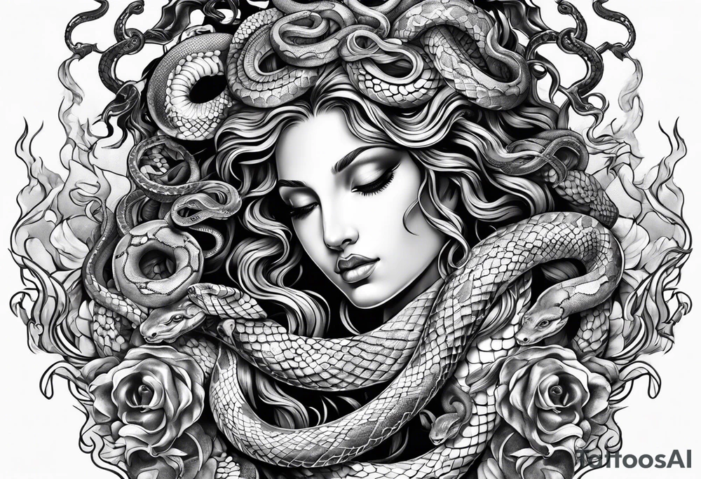 arm tattoo of Medusa as a statue with snakes for hair tattoo idea