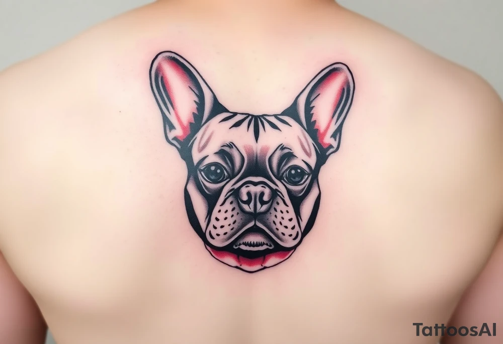 French bulldog, feminine ruby color tattoo idea