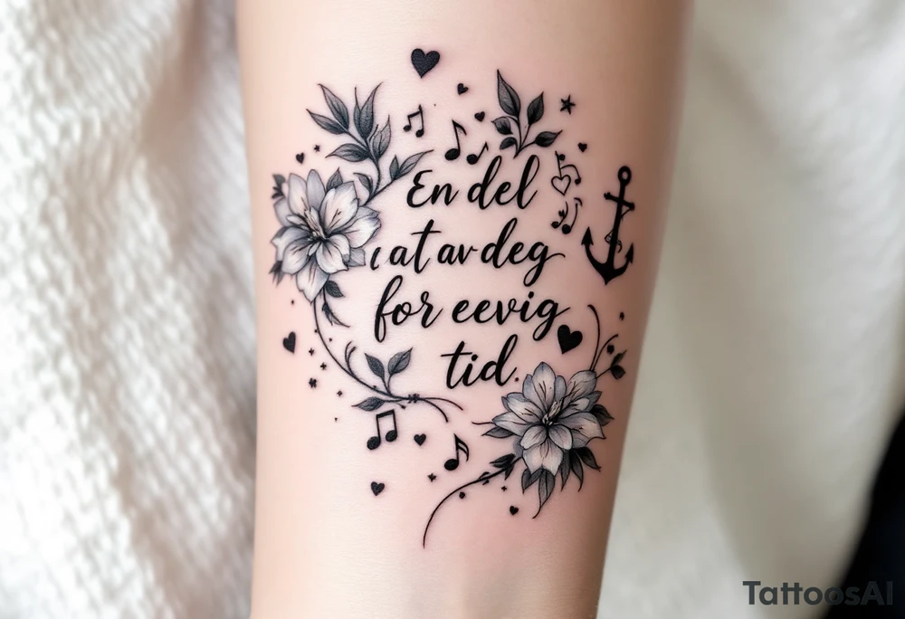 make a qoute sayin "En del av deg for evig tid. 
Pappa 20.12.24"
Surround the quote with delicate long blossom gladious, music notes, hearts and an anchor tattoo idea