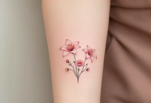 stargazer lillies in light pink with small sunflowers and poppies in a dainty wildflower bouquet with stems tattoo idea