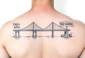 A bridge over water with two cities on the side. The city signs on the side of the bridge. East Palo Alto on the left and Newark on the right tattoo idea